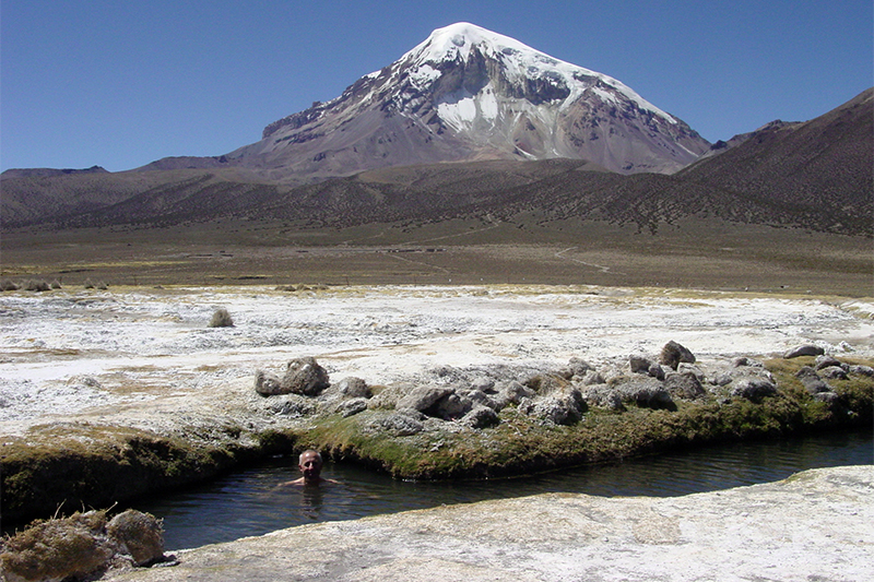 Al Relaxing in Hot Springs (Sajama in Background)